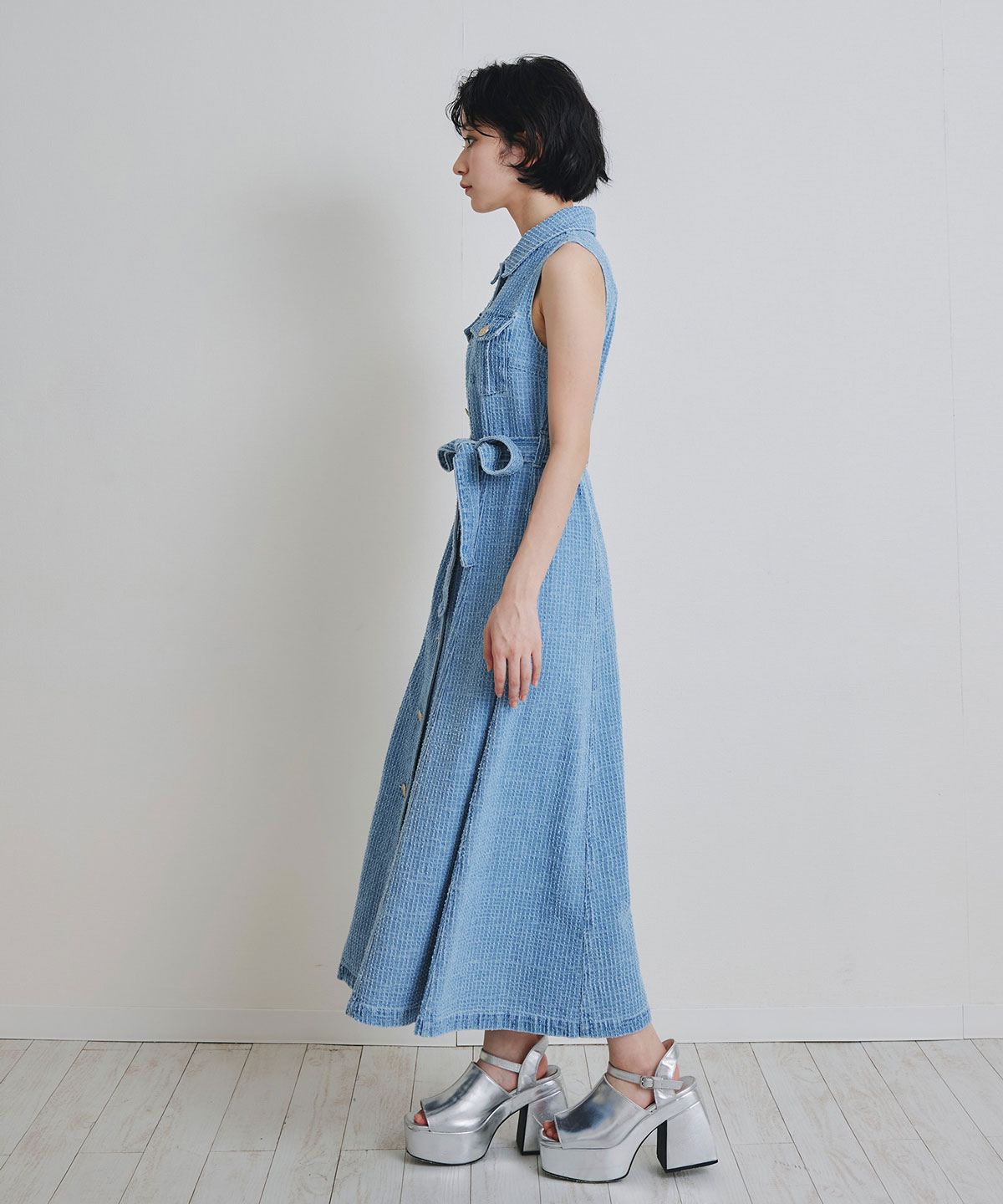 レーザーカットデニムロングシャツワンピース