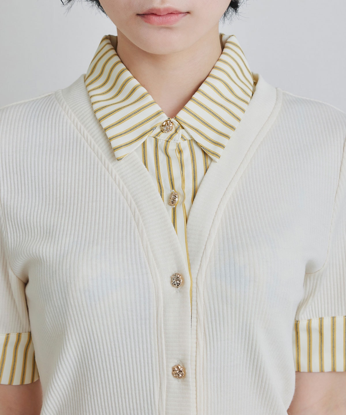 ストライプリボンタイレイヤードニットトップス