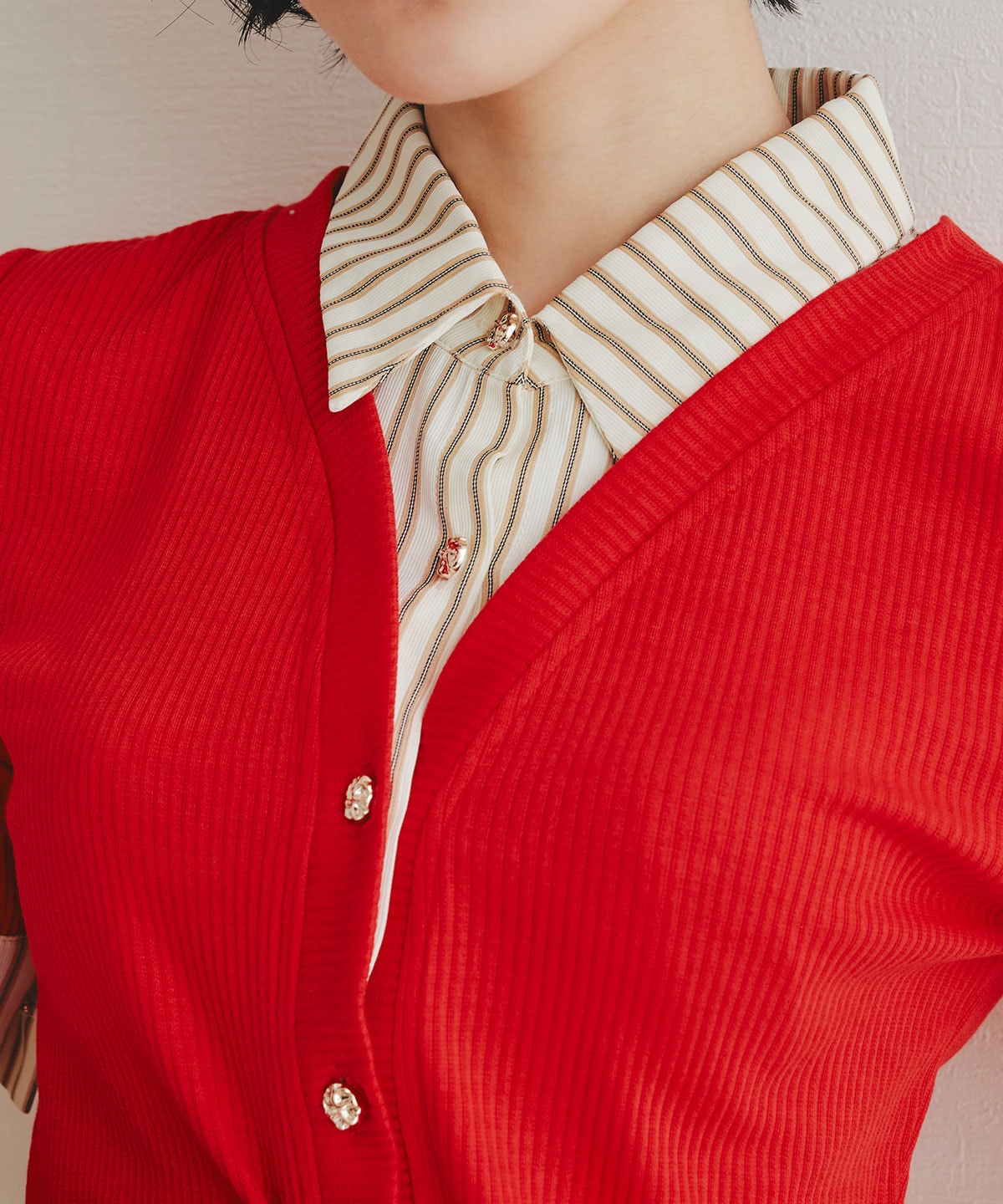 ストライプリボンタイレイヤードニットトップス