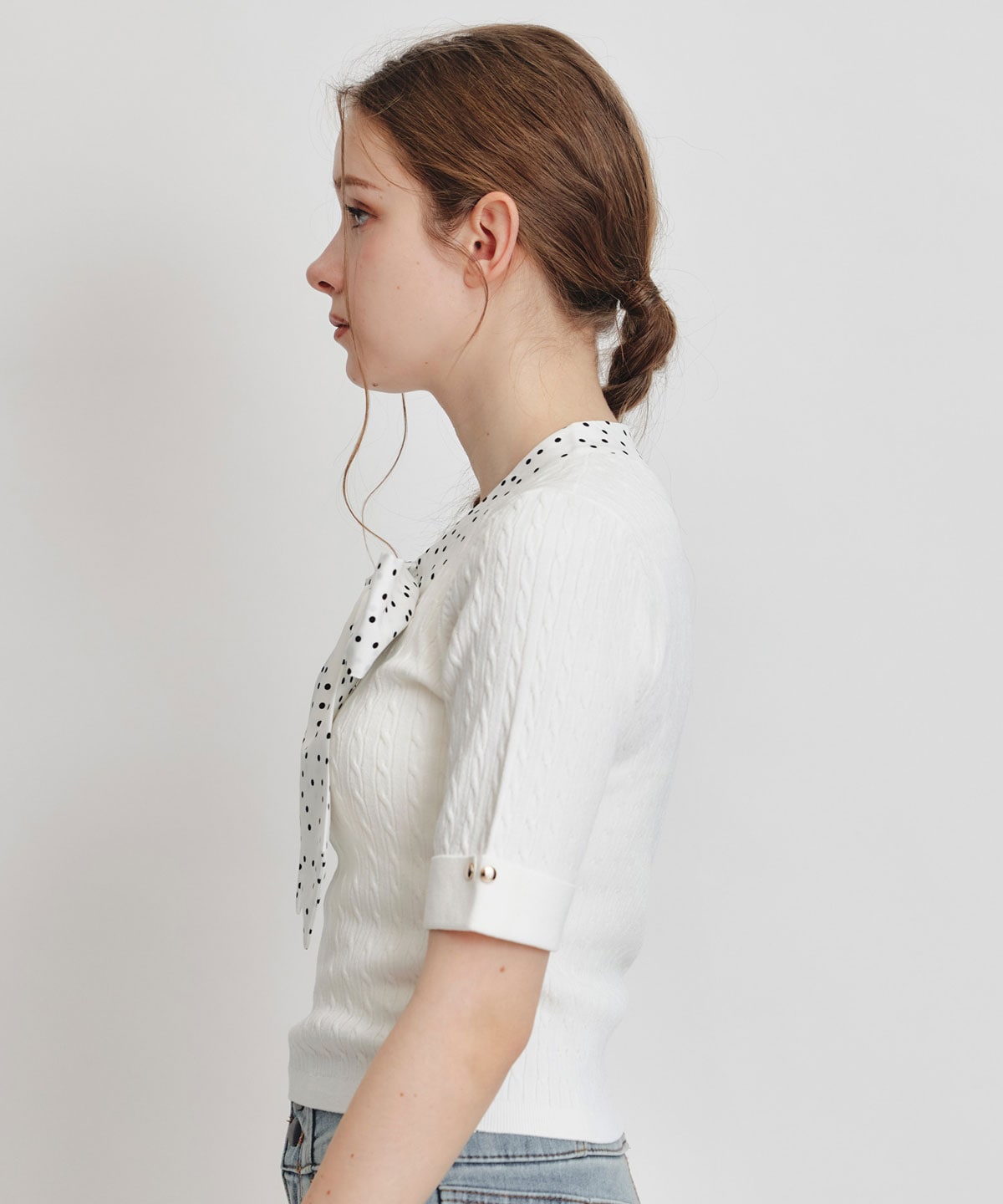 ケーブルリボンタイハーフスリーブニットプルオーバー