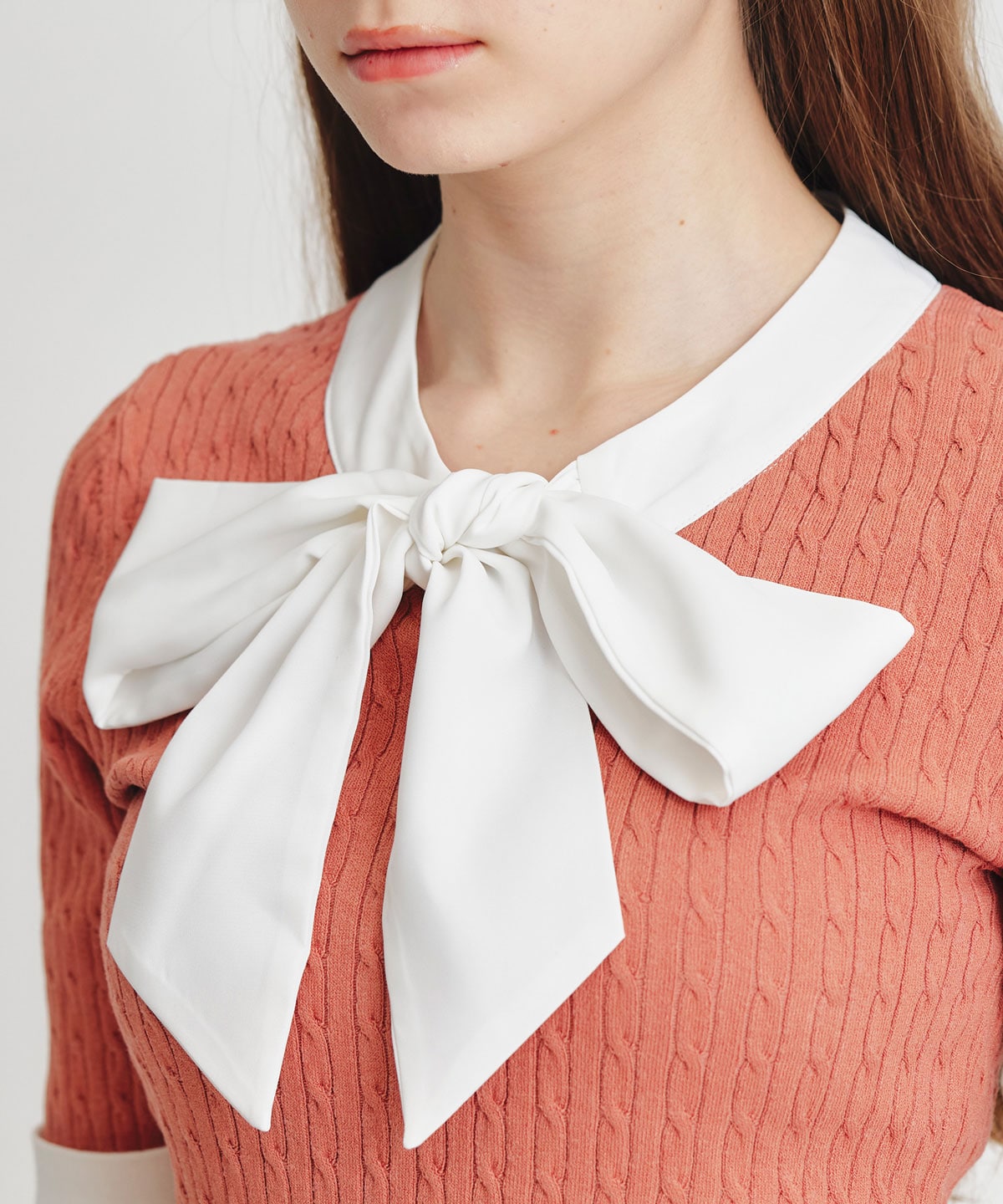 ケーブルリボンタイハーフスリーブニットプルオーバー