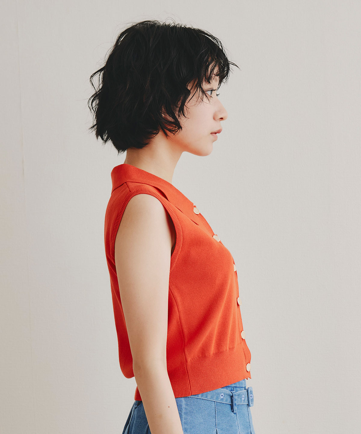 Azelyポロニットノースリーブプルオーバー