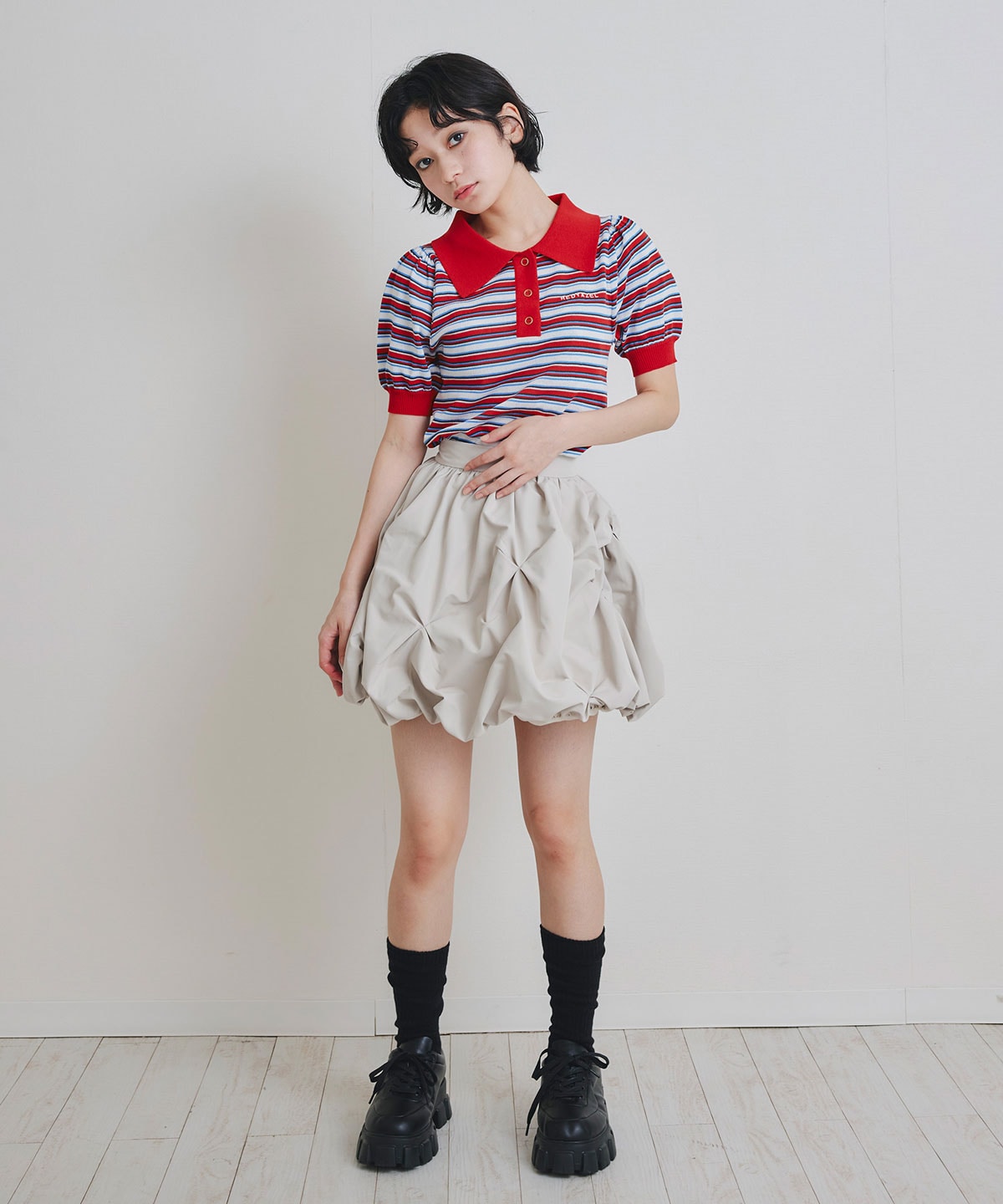 パフスリーブポロニットプルオーバー