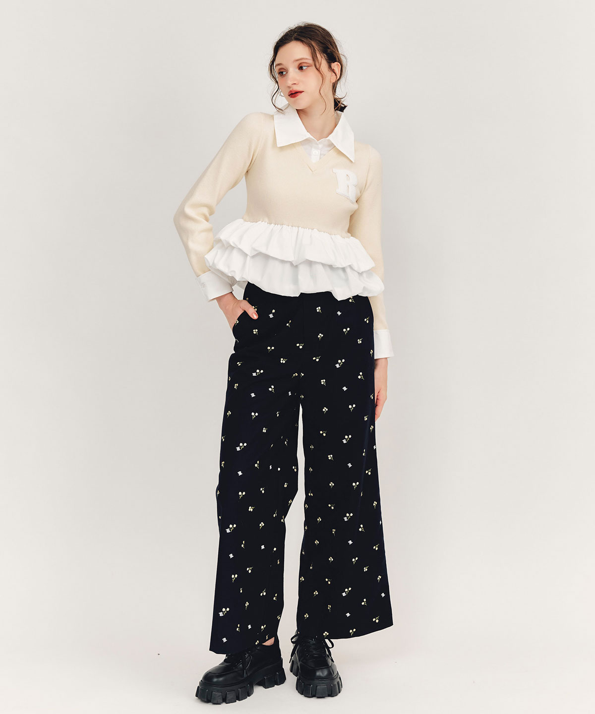 【Fleur monogram Series】フルールモノグラムエンブロイダリーワイドパンツ