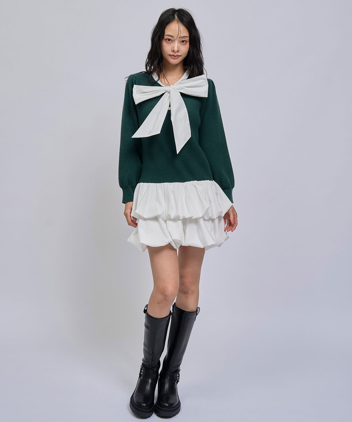 【=LOVE 大場花菜さん着用】ビッグリボンティアードニットシャツミニワンピース