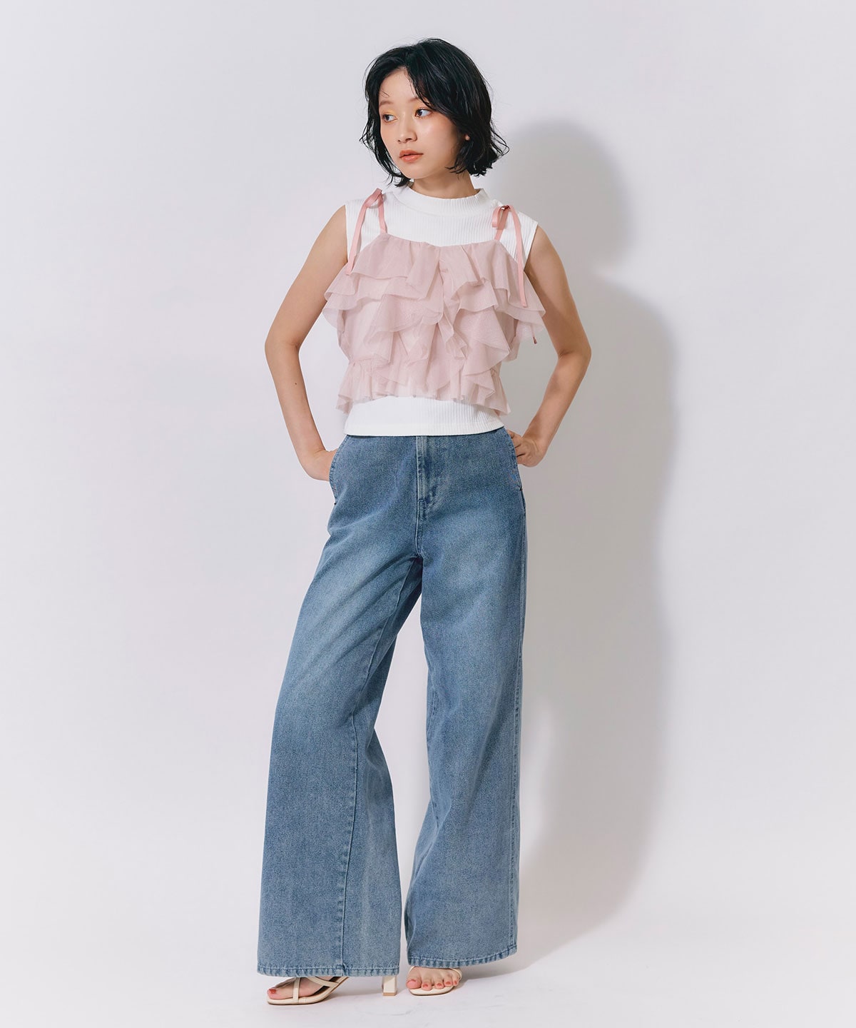 ショルダーリボンビスチェ×ノースリーブニット