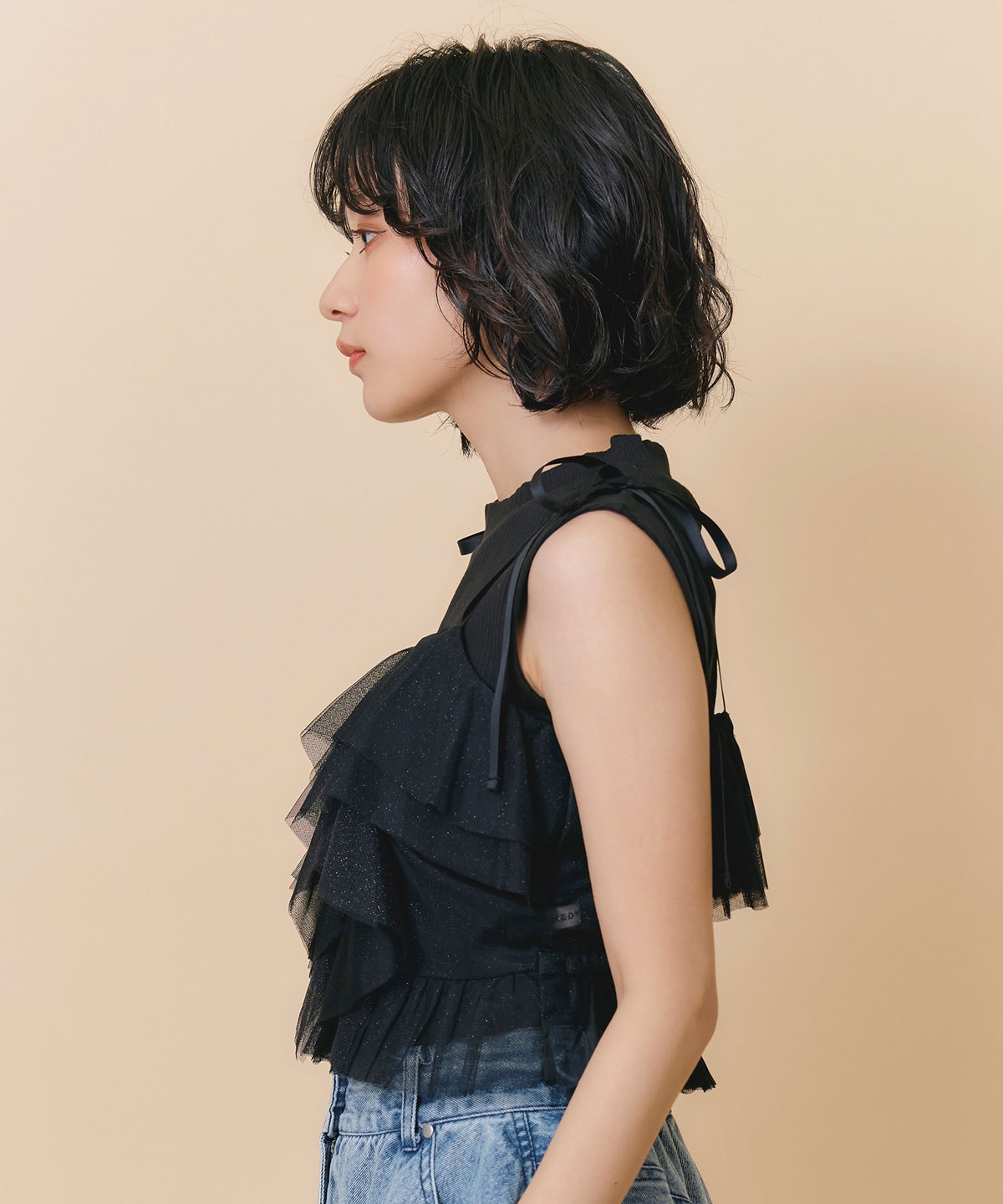 ショルダーリボンビスチェ×ノースリーブニット