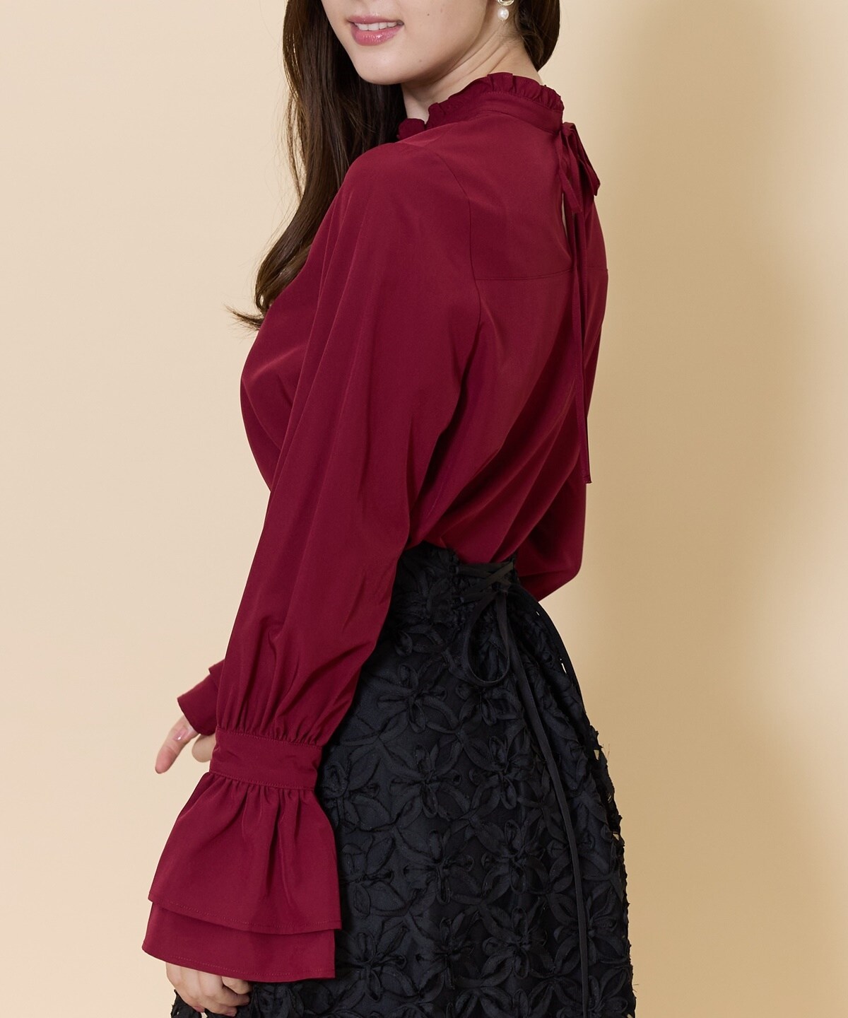 バーガンディ フレアスリーブ トップス シャツブラウス