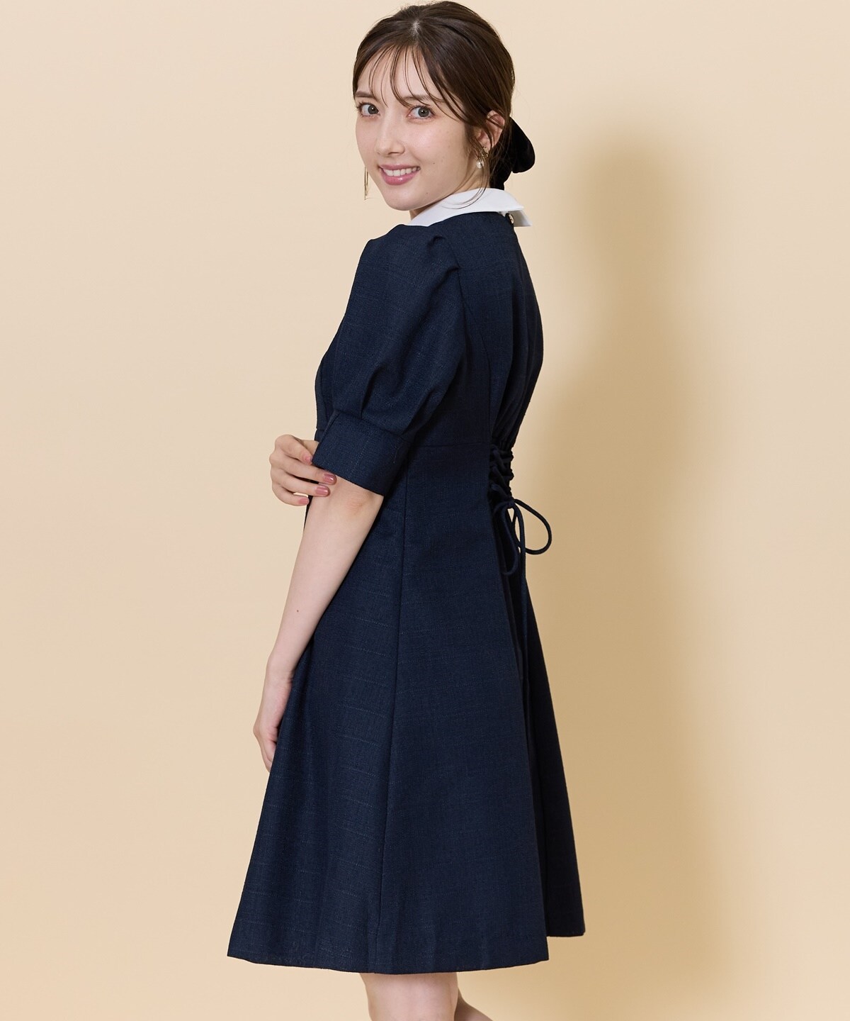 2WAYバイカラー衿エレガンスツイードミニワンピース(F サックス  