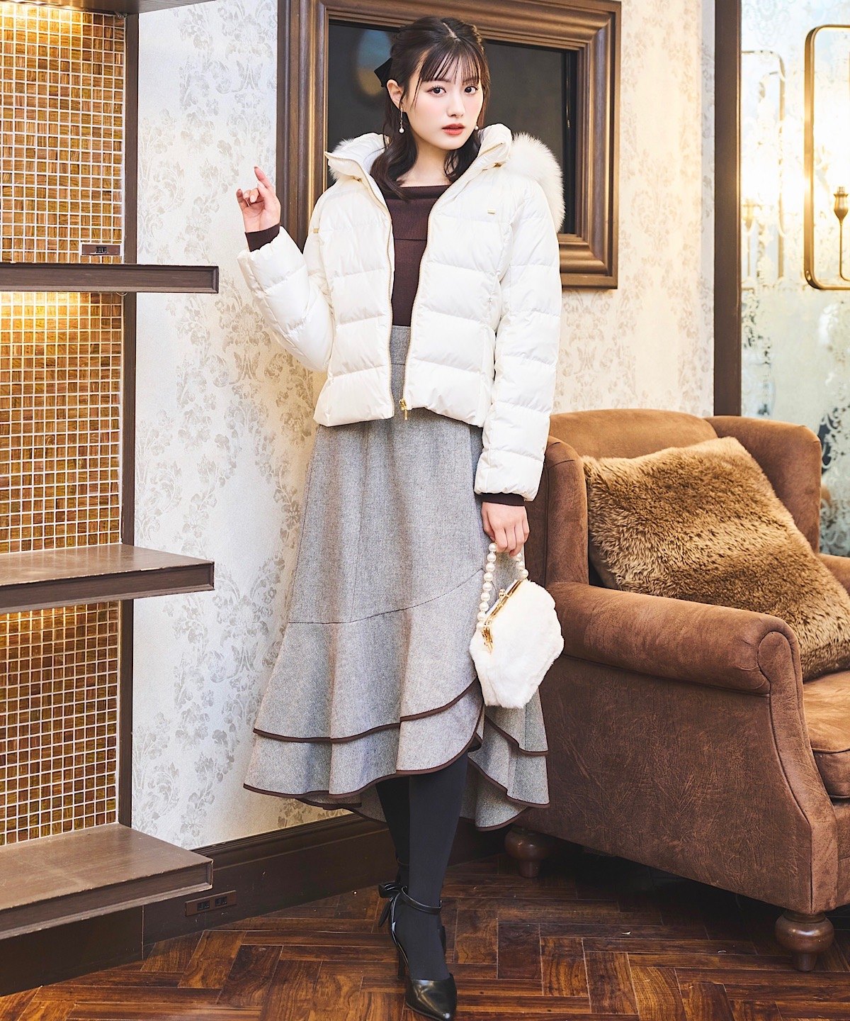 FOXファー付エレガンスショートダウンコート