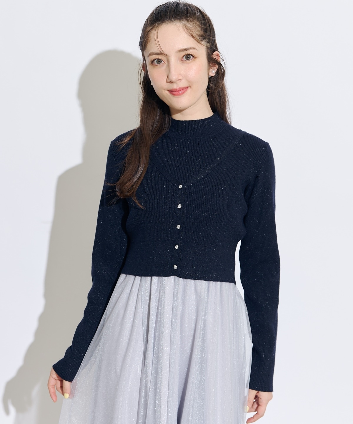 【展示会３位】カーディガンアンサンブルラメニットドッキングワンピース