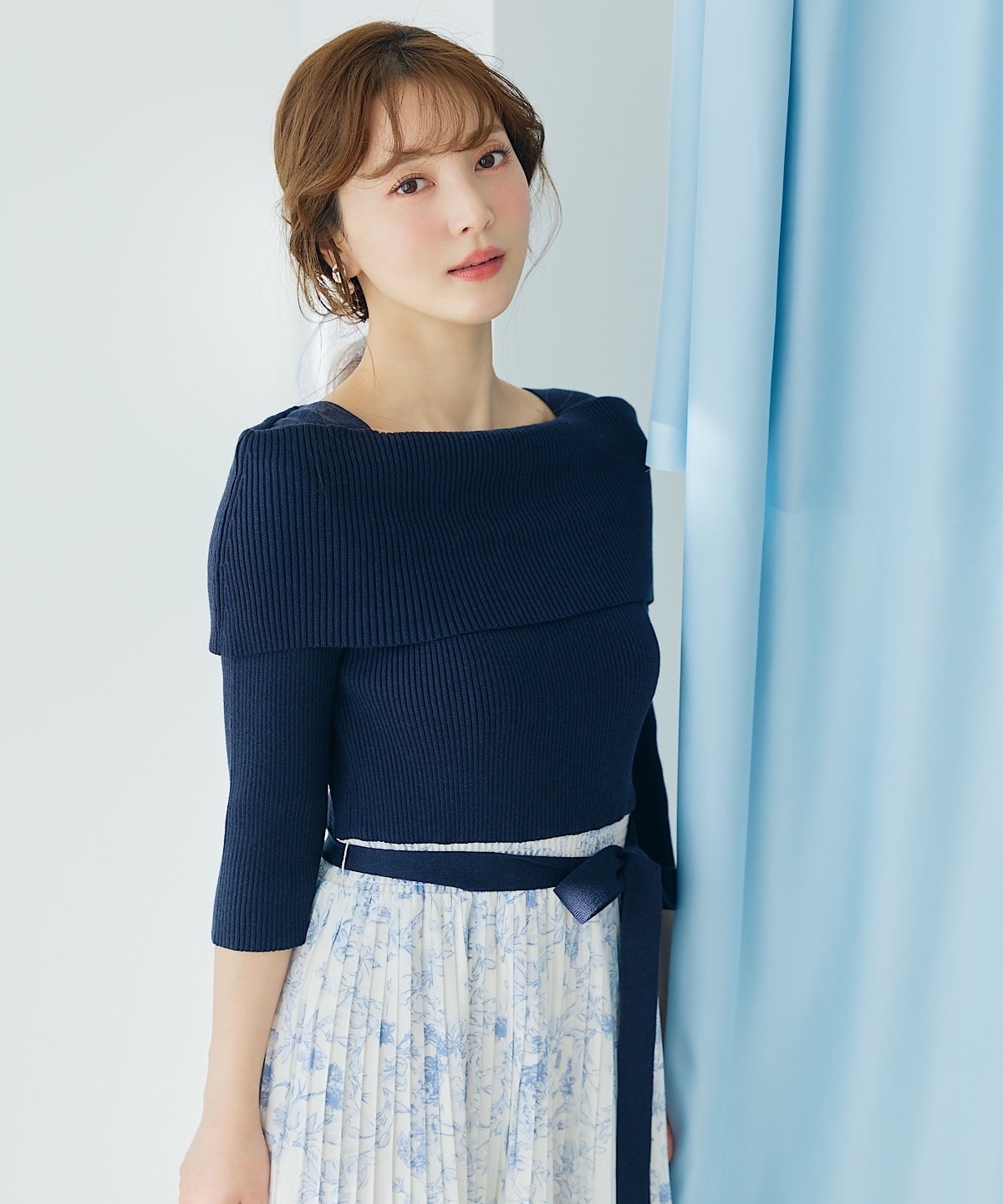 オフショルニットドッキングプリーツワンピース