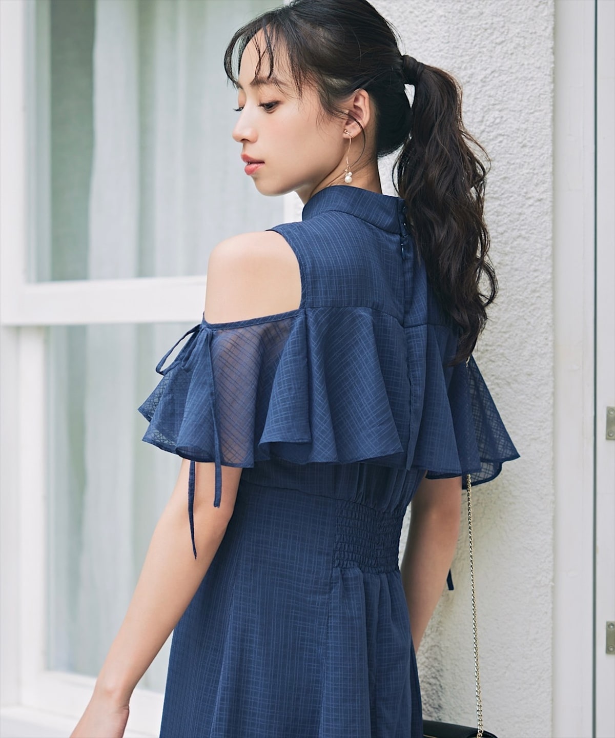 シアーチェックケープオフショルワンピース