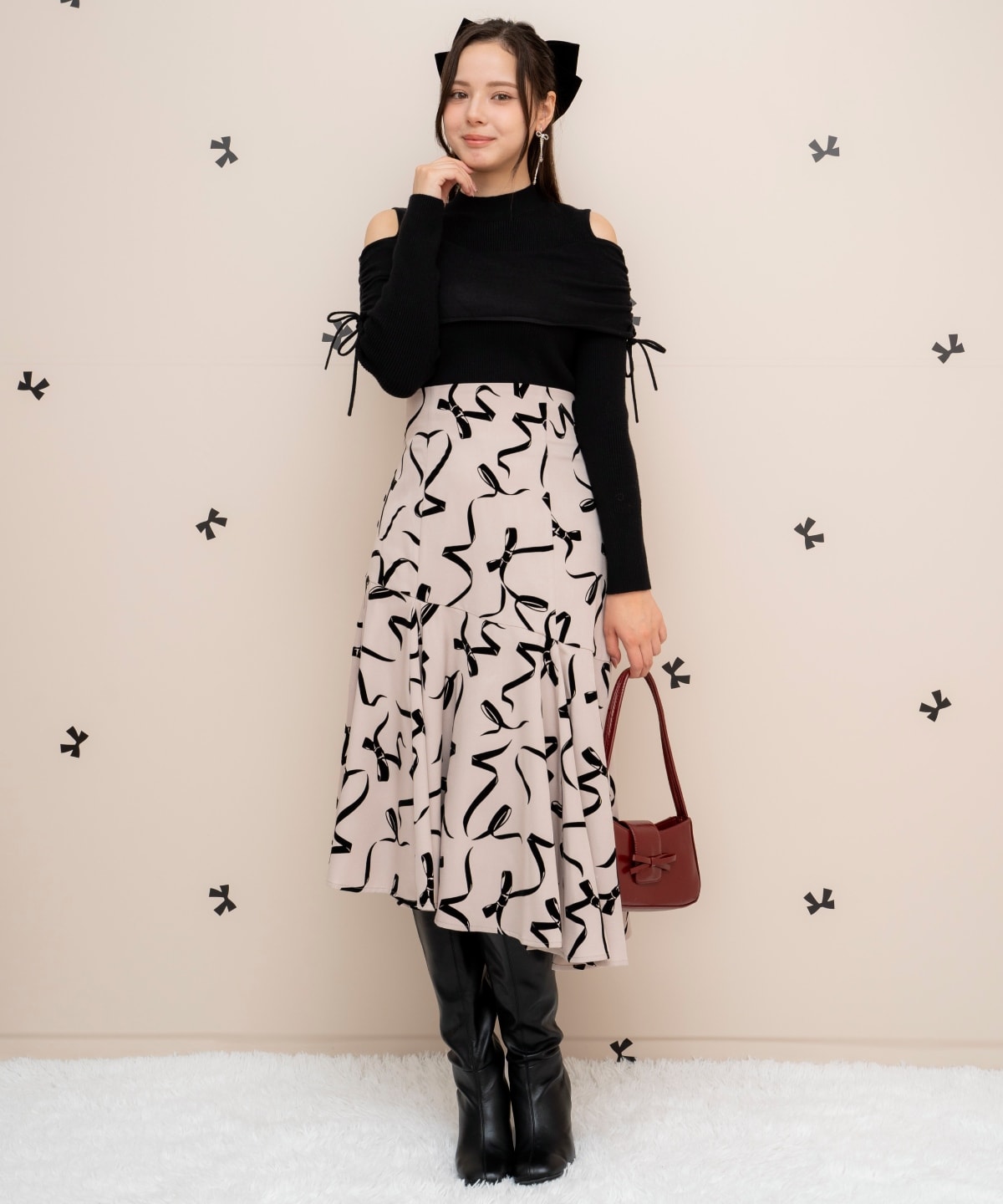 ギャザーリボンオフショルニット