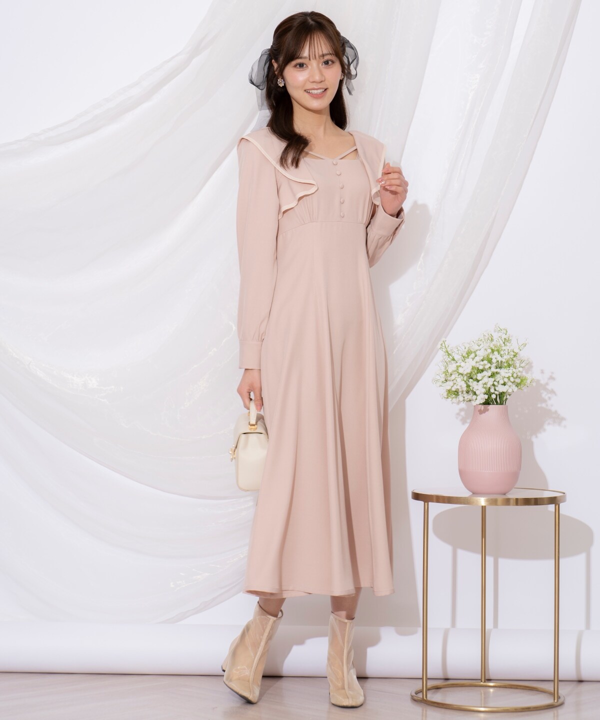 配色パイピングフリルワンピース