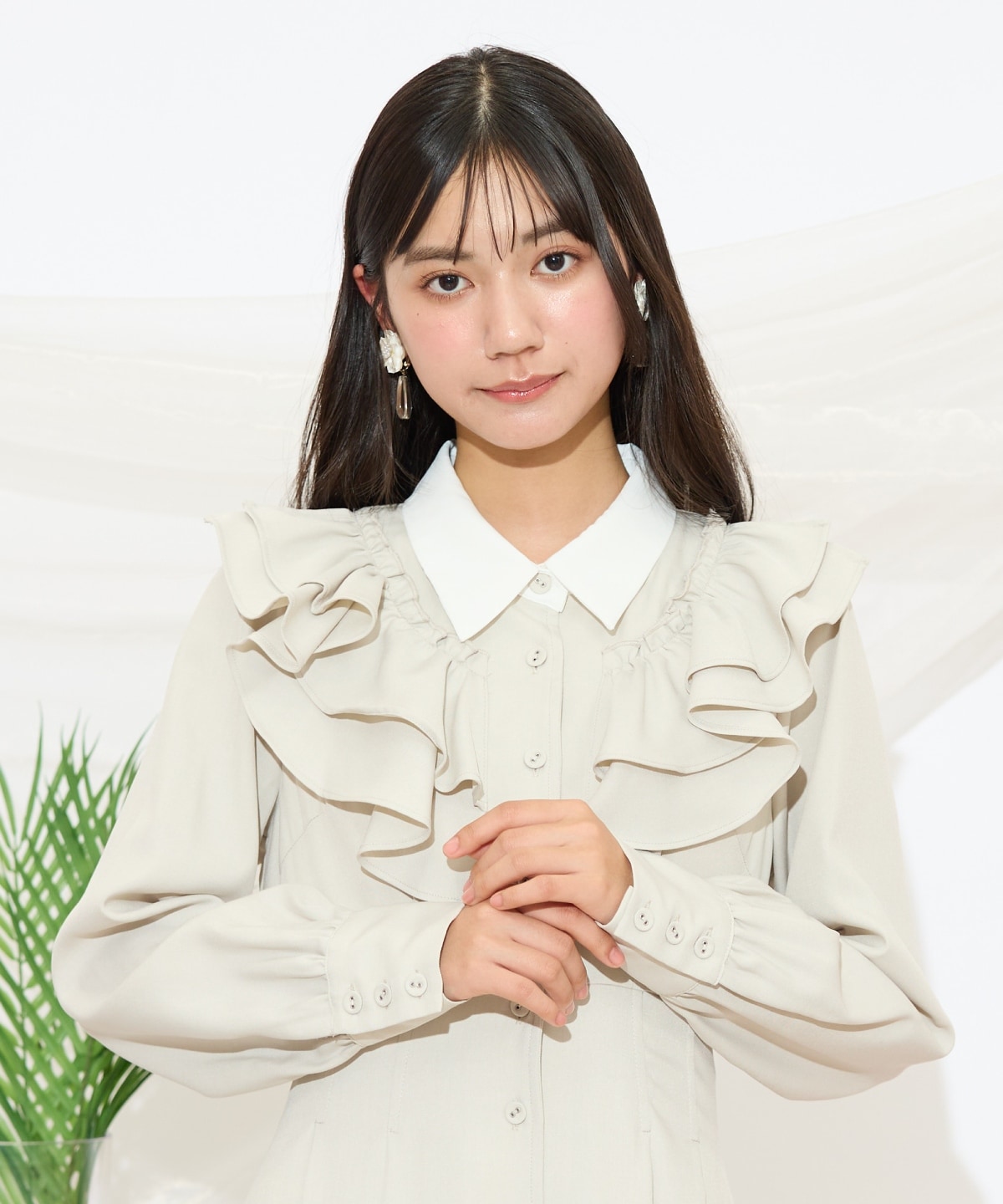 配色襟ダブルフリルシャツワンピース