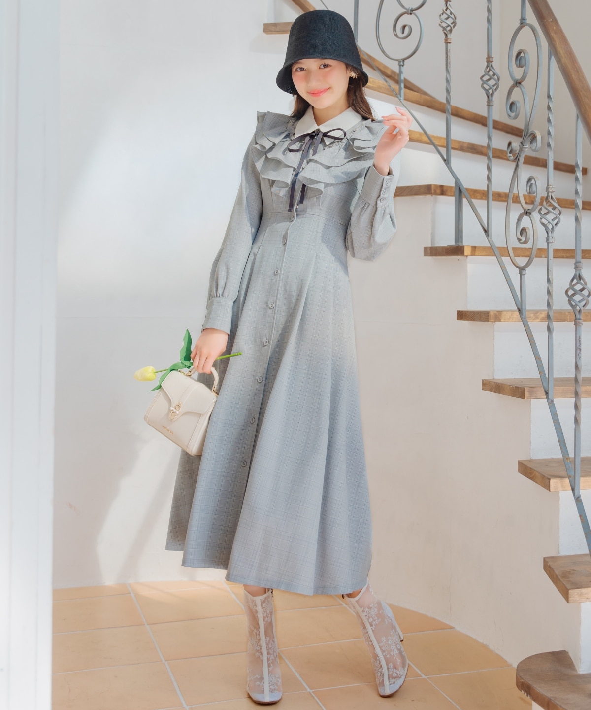 配色襟ダブルフリルシャツワンピース