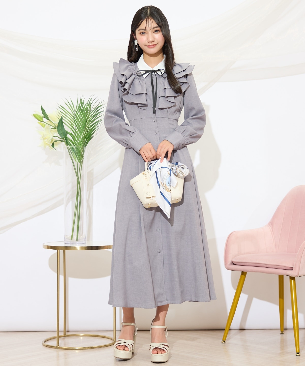 配色襟ダブルフリルシャツワンピース