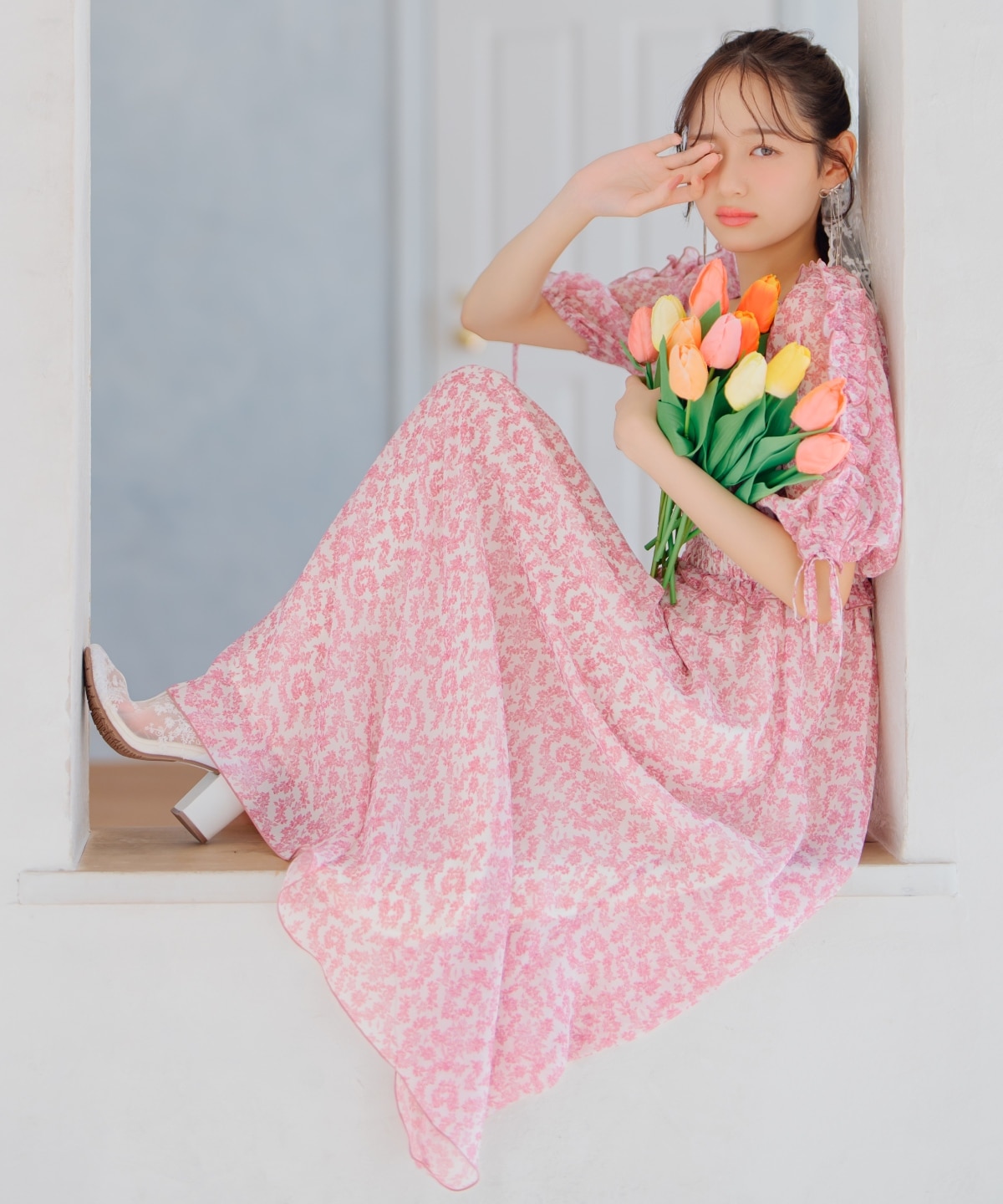 ミニフラワーシャーリングワンピース