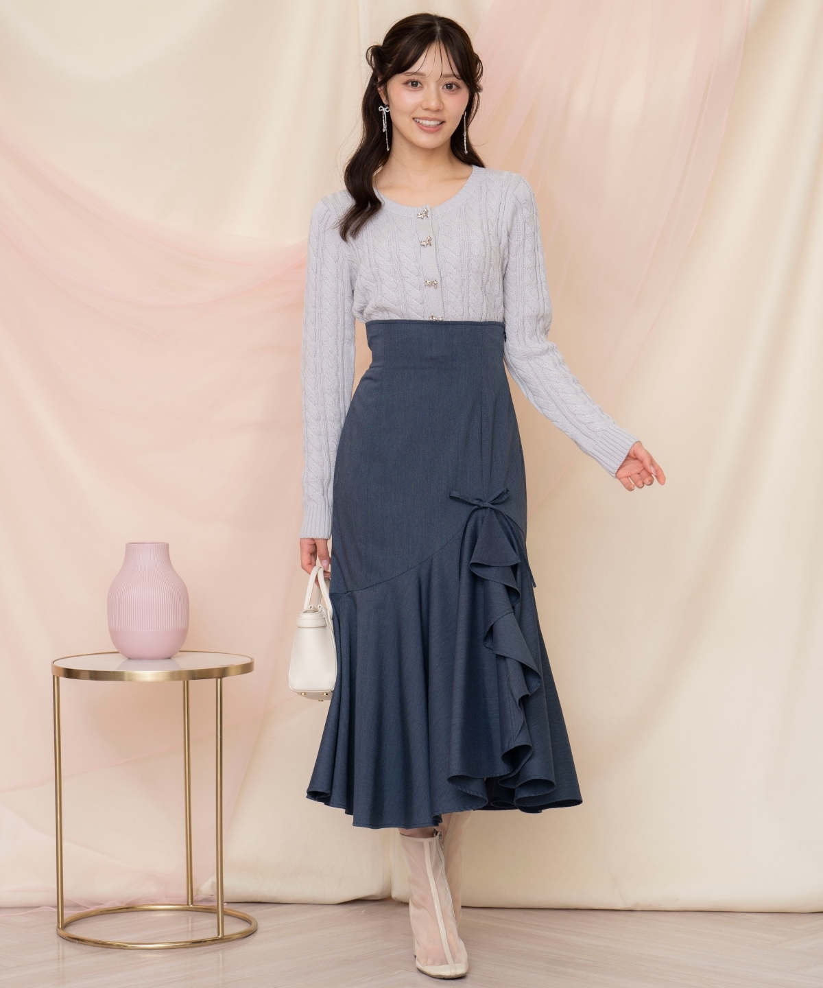 ビジューリボンケーブルカーディガン