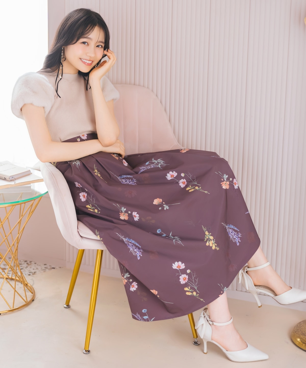 オータムボタニカルフラワータックスカート