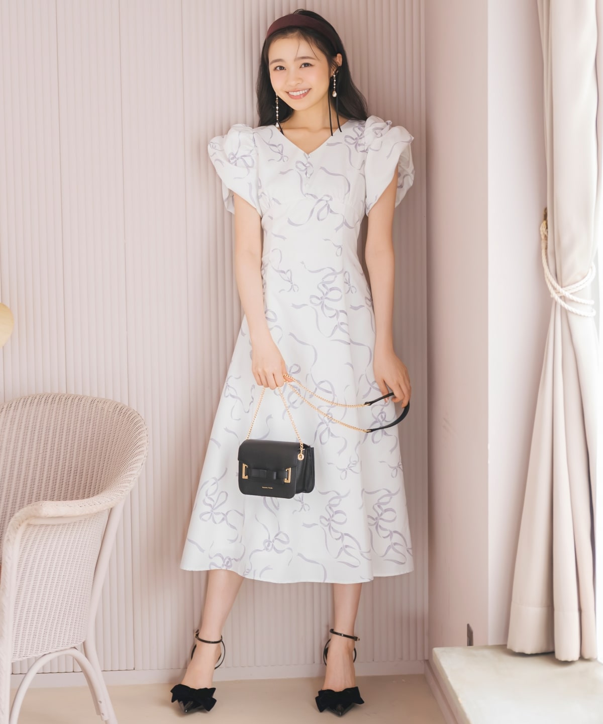 リボンプリントバブルスリーブフレアワンピース