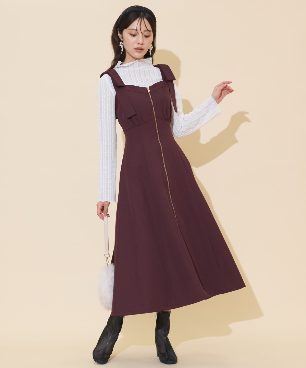 ショルダーリボンフロントZIPワンピース