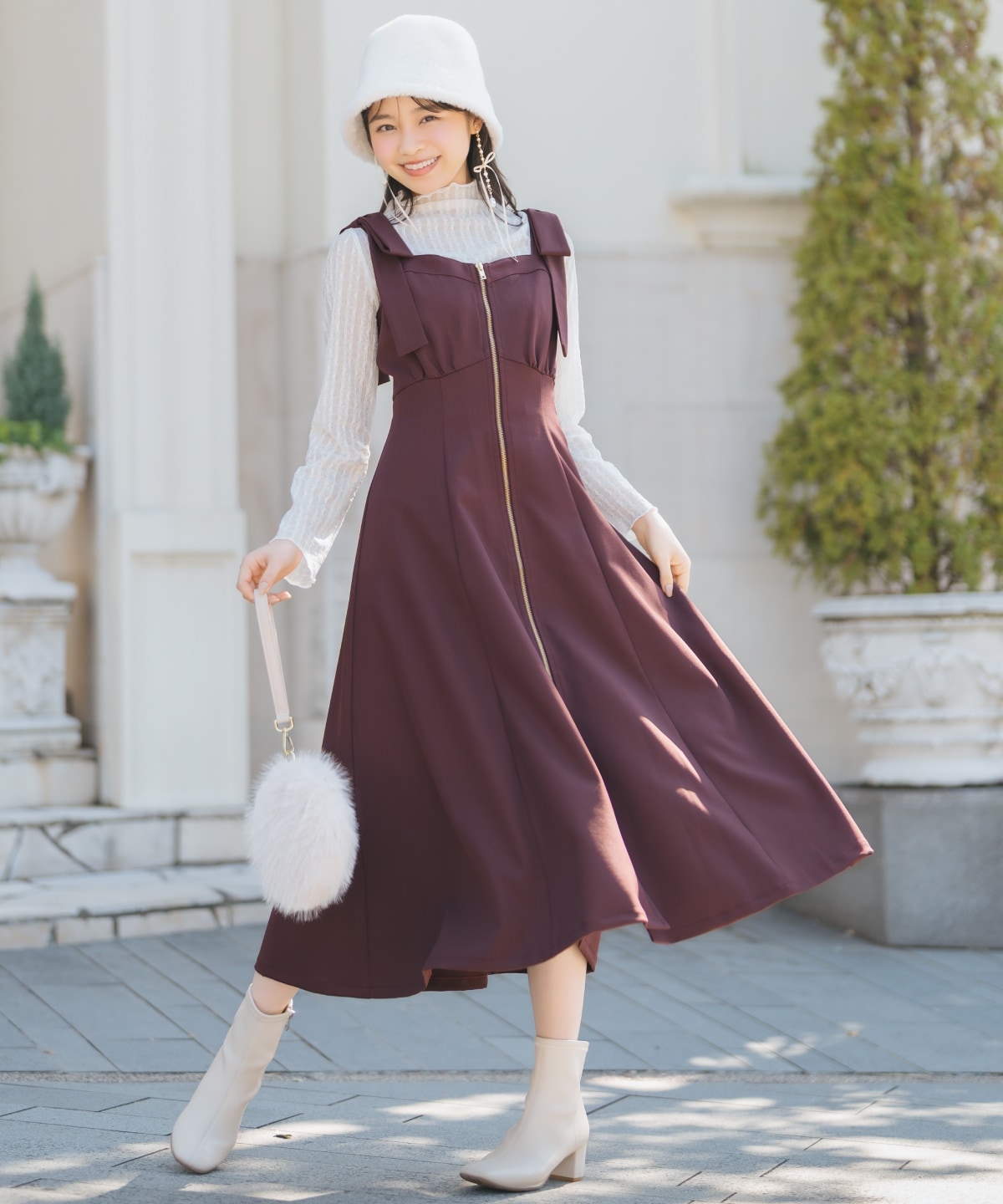 ショルダーリボンフロントZIPワンピース