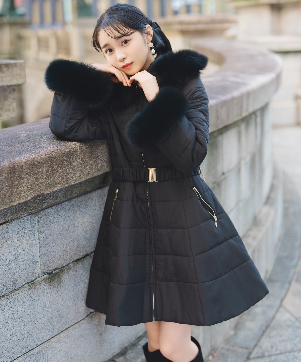 フォックスファーキルティングフレアコート