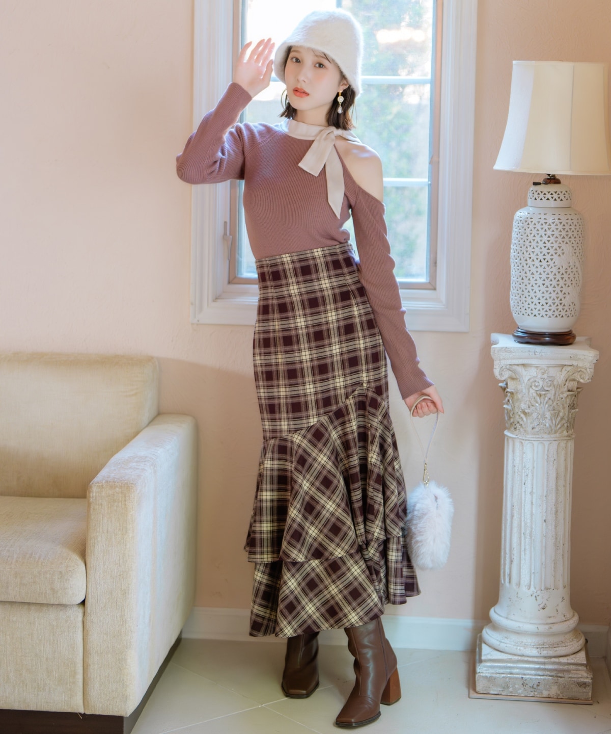 ワンショルリボンタイリブニット