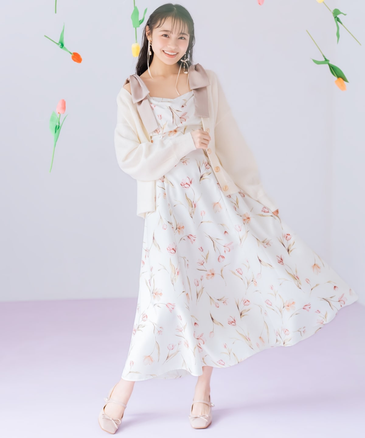 【1/14(wed)18時先行予約開始 】リボンショルダーチューリップフレアワンピース