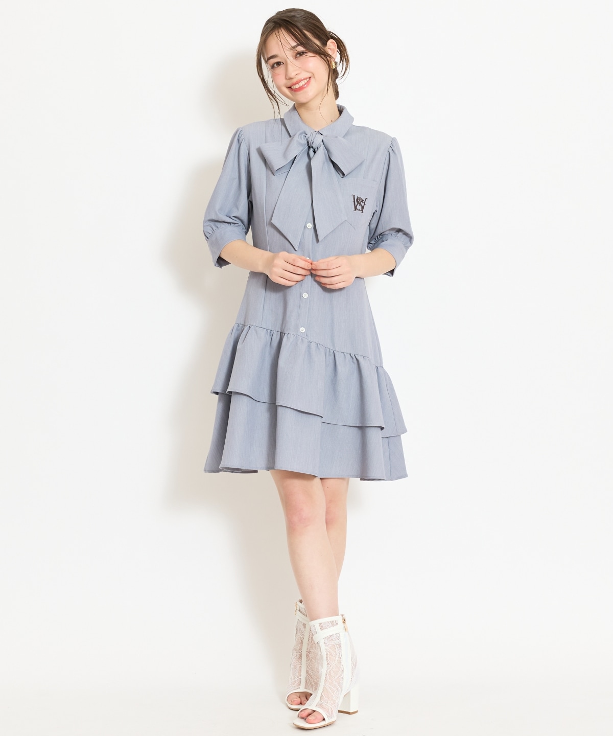 ティアードフリルリボンタイシャツワンピース