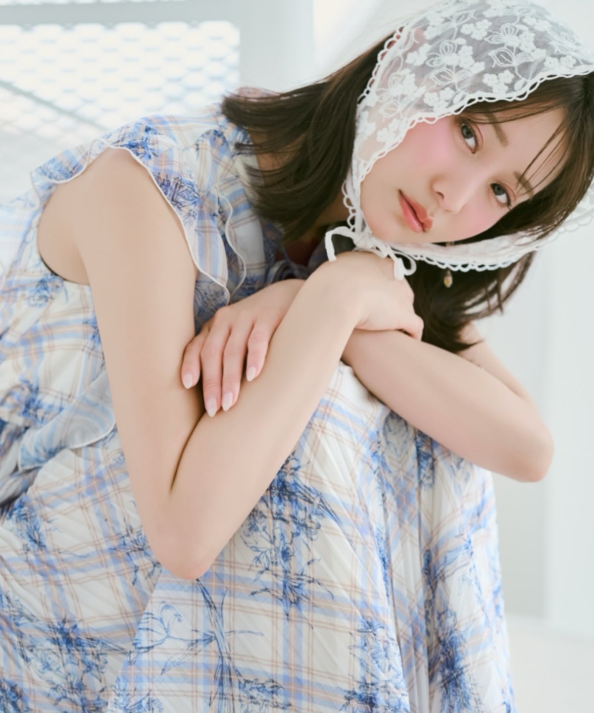 フラワーチェックプリントプリーツ切替ワンピース