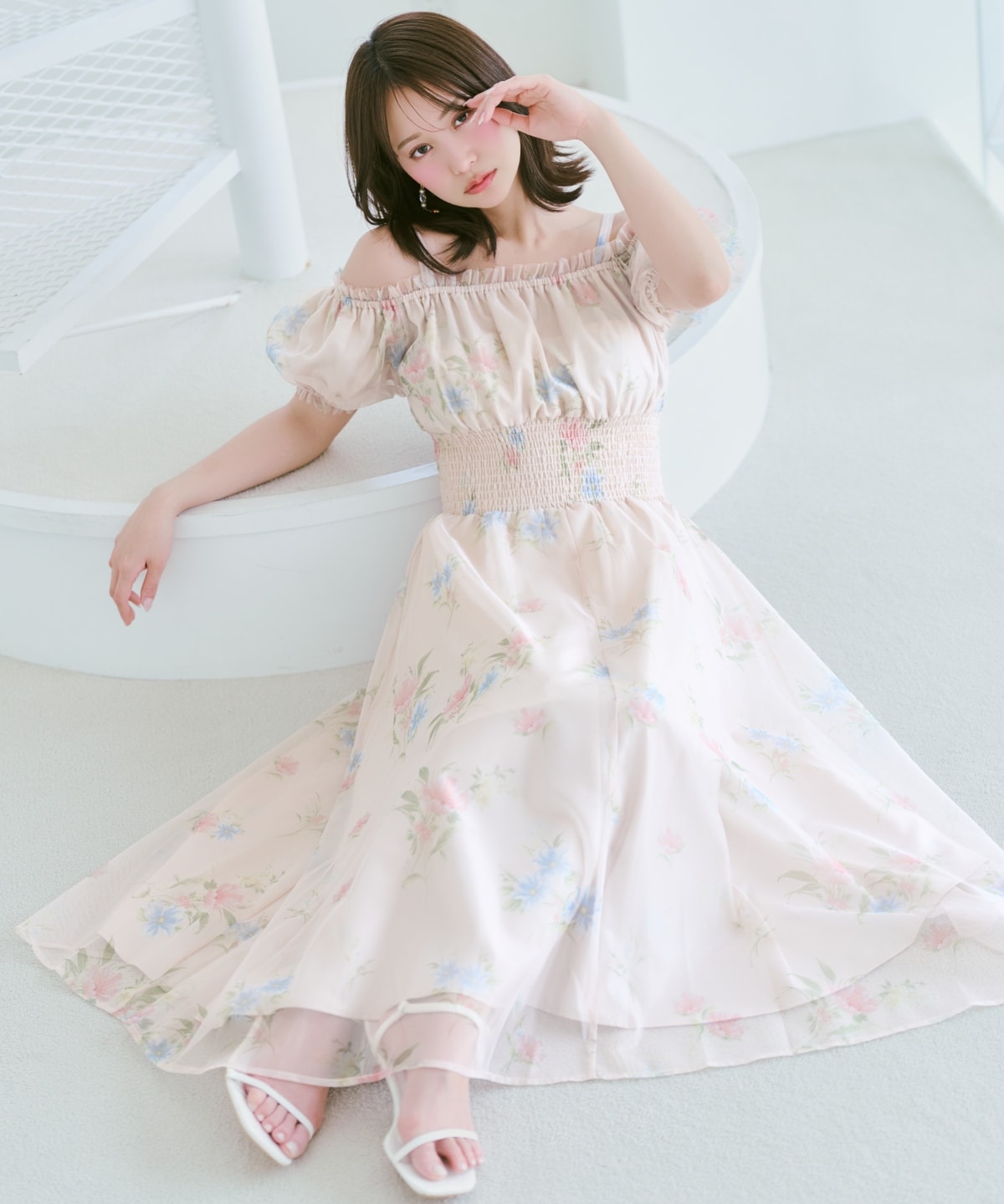 フラワーメッシュオフショルワンピース