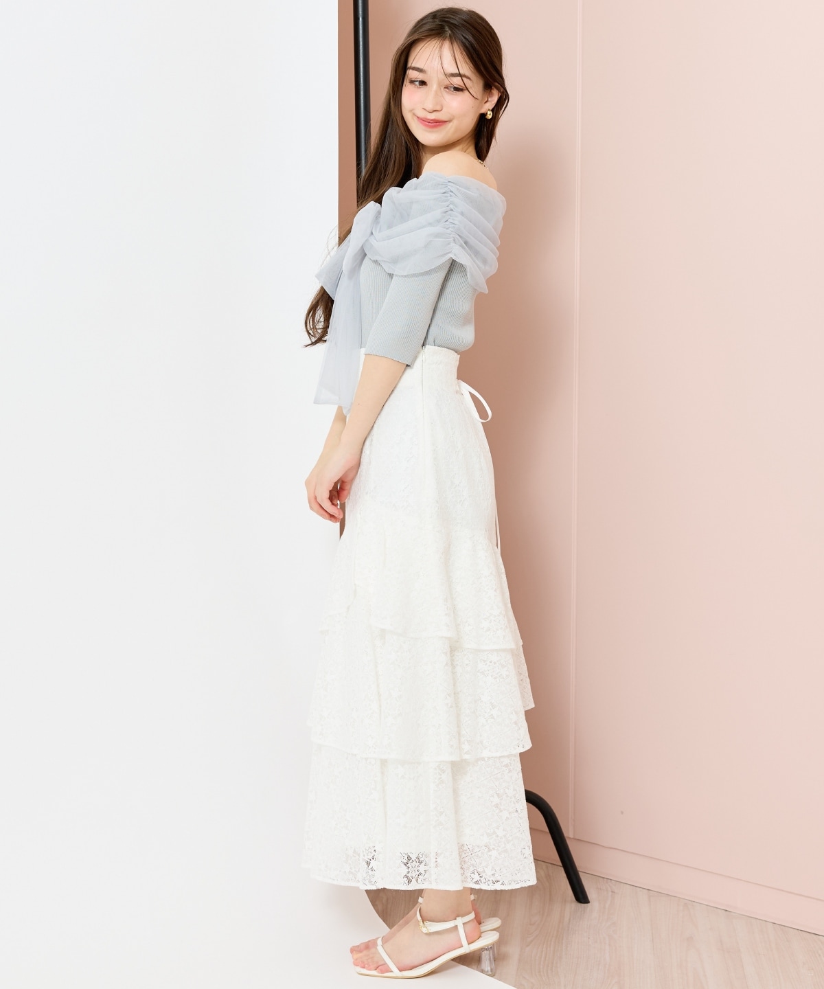 リボンチュールレイヤードリブニット