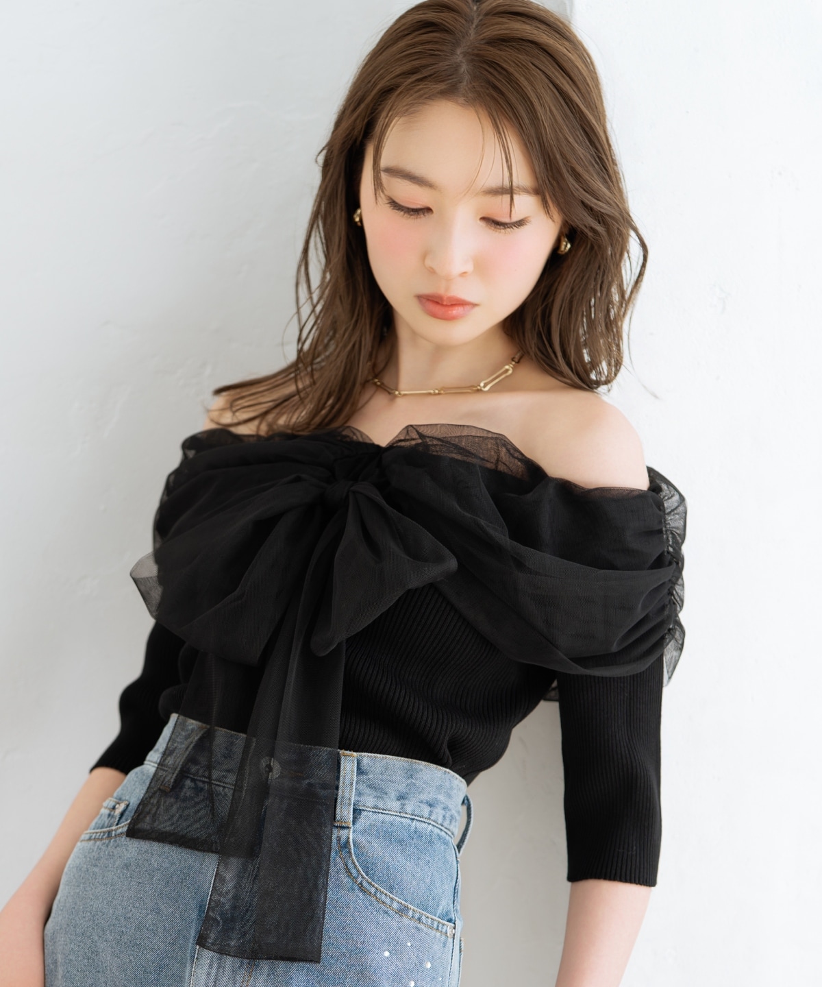 リボンチュールレイヤードリブニット