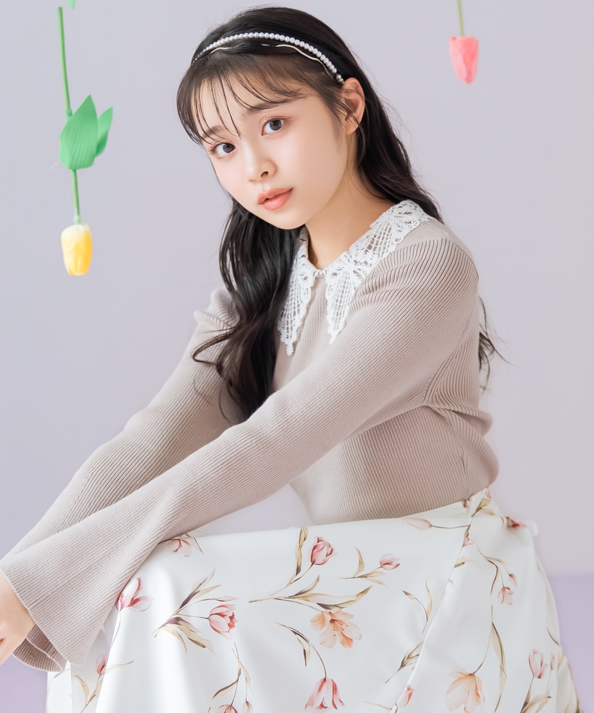 リボンレースカラーフレアスリーブニット