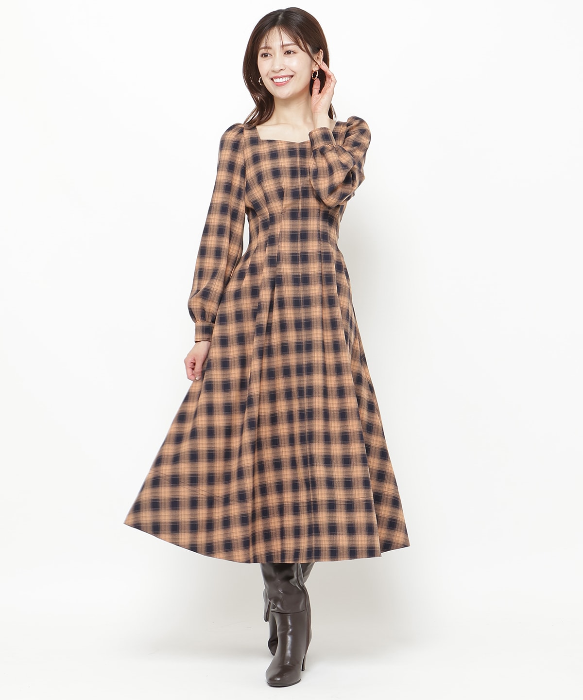 チェックウエストタックワンピース