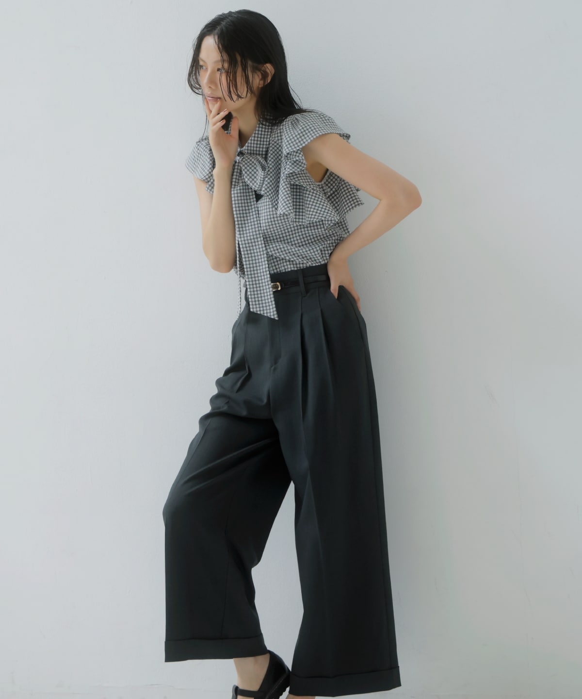 ギンガムサッカーフリルブラウス