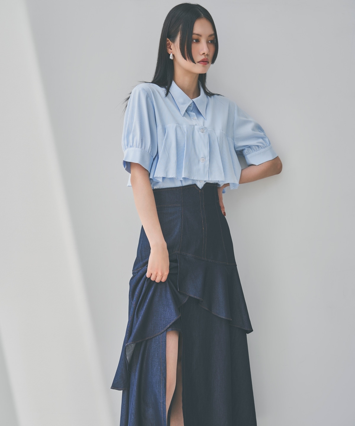デニムライクレイヤードフリルスカート