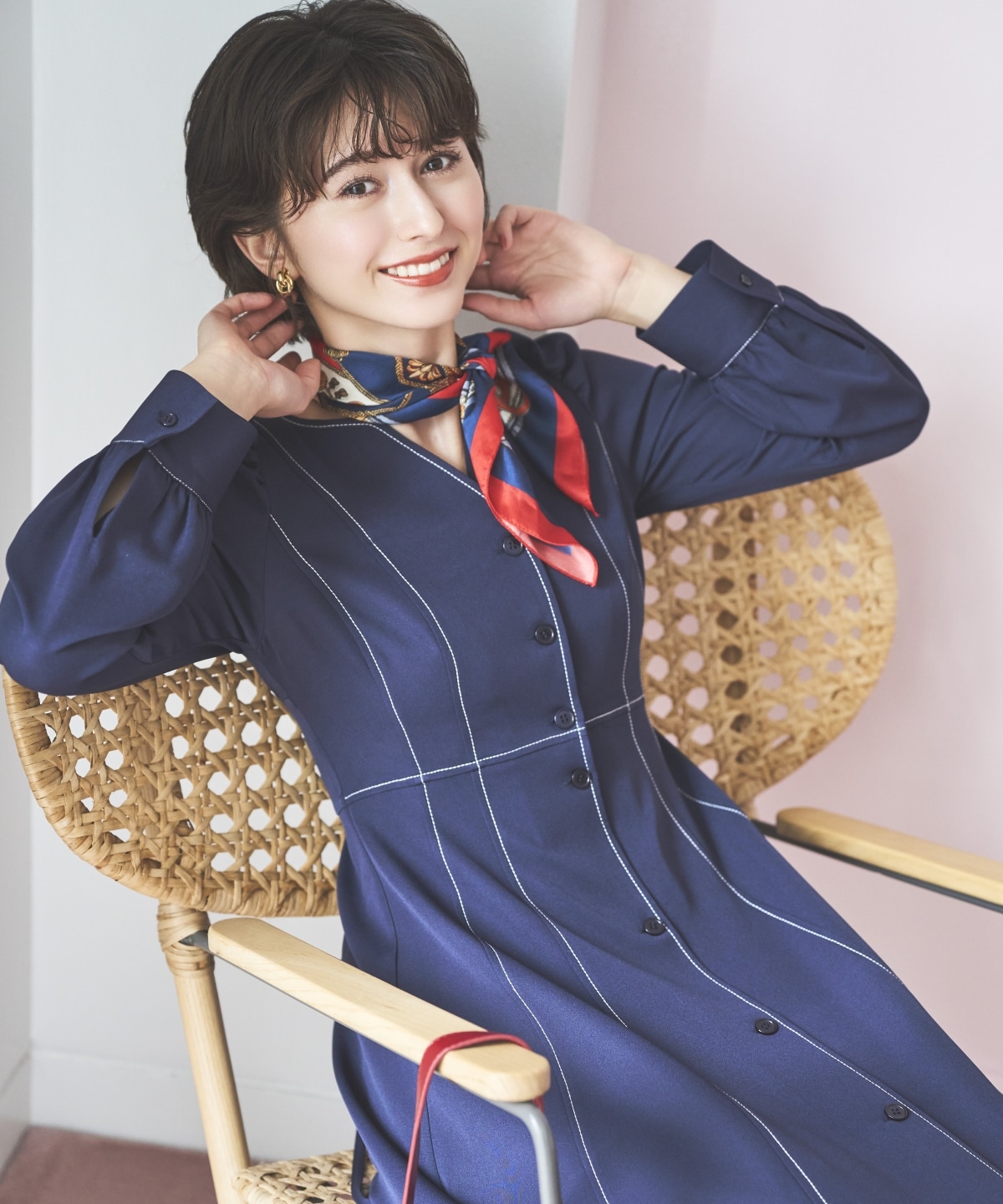 デコルテあき配色ステッチワンピース(F イエロー): AND COUTURE