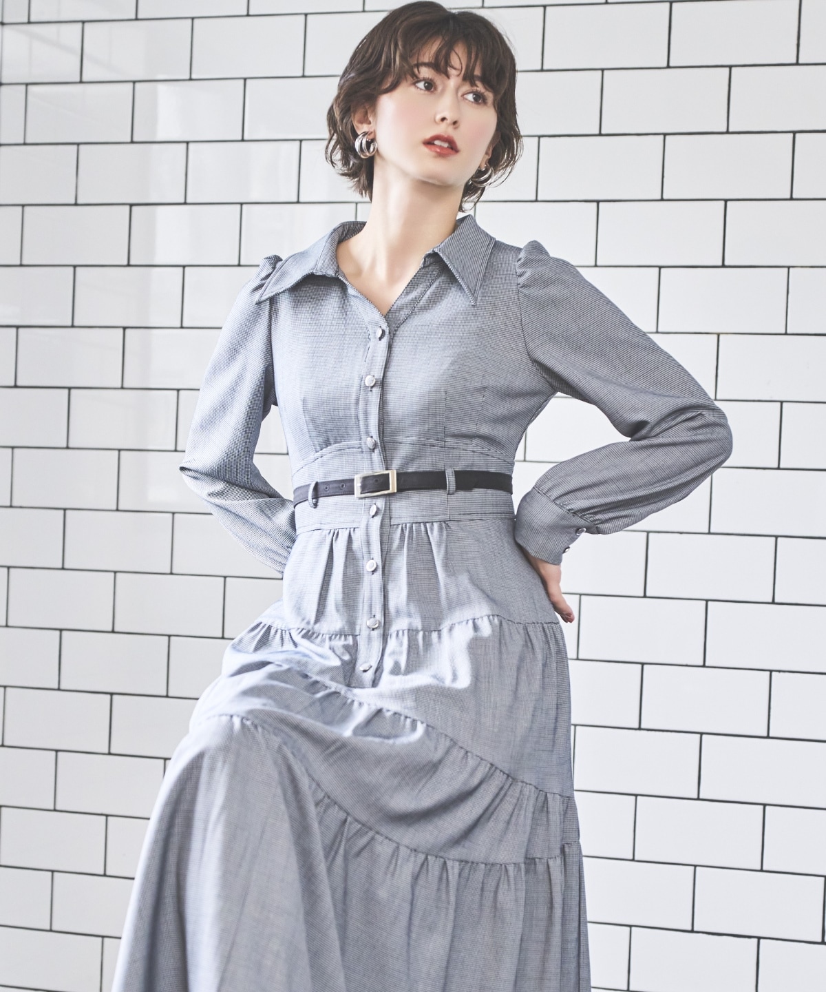 ラメ千鳥ティアードシャツワンピース