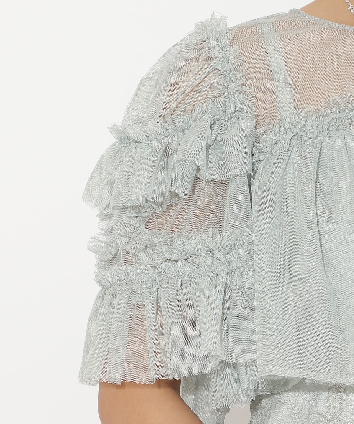 チュールフリルブラウス+レースキャミドレス