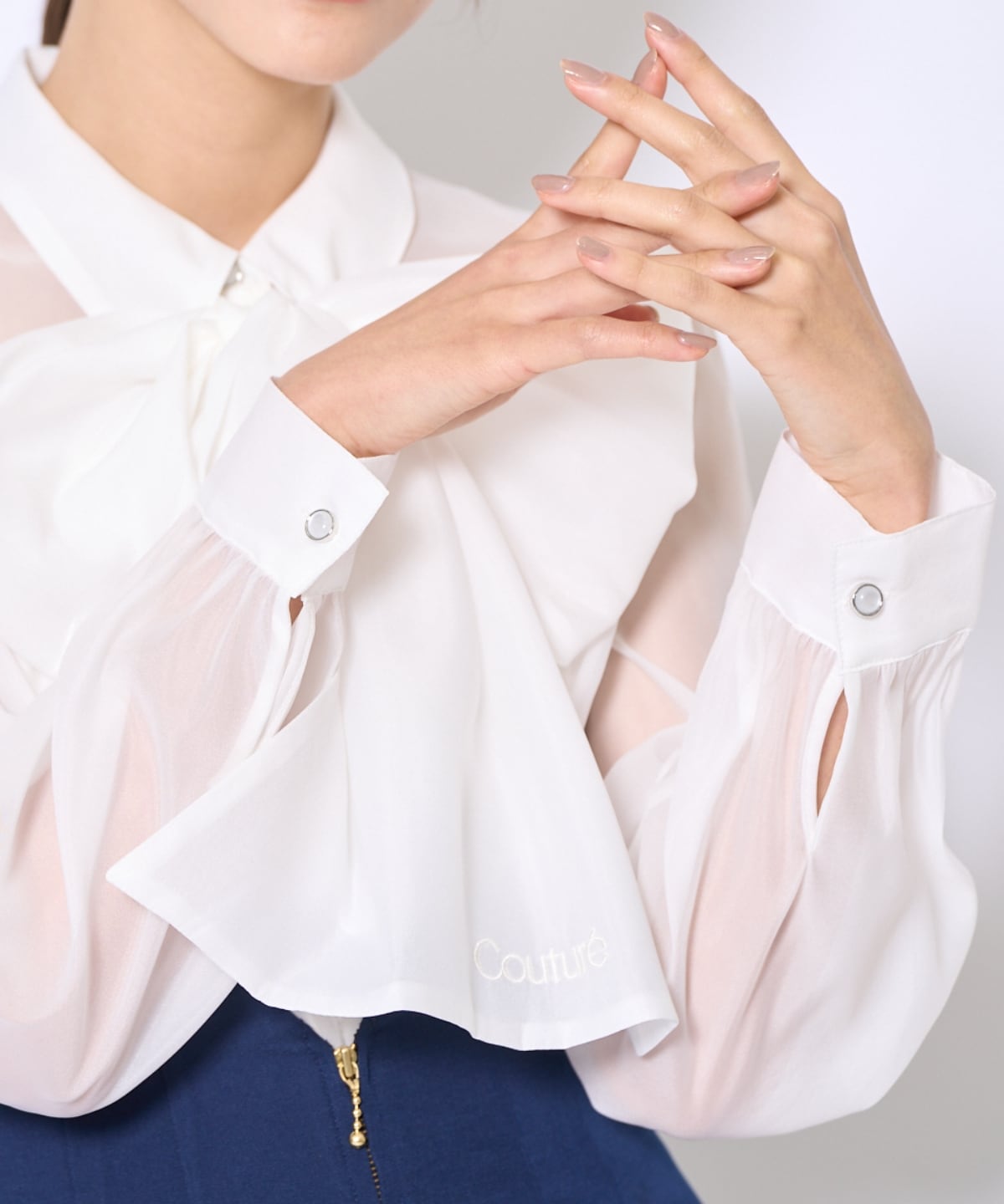 バタフライリボンシアー長袖ブラウス