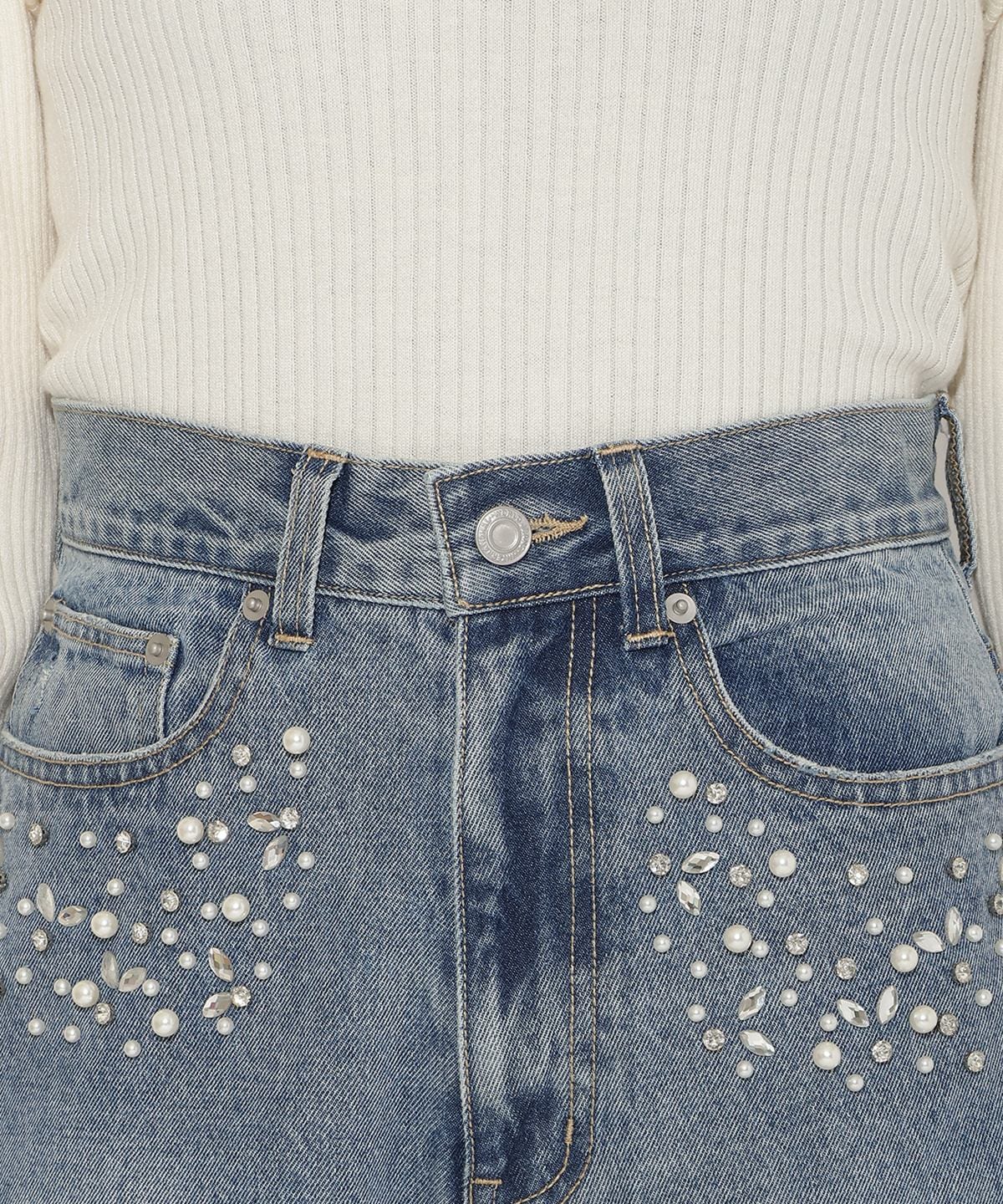 パール×ビジューダメージデニム