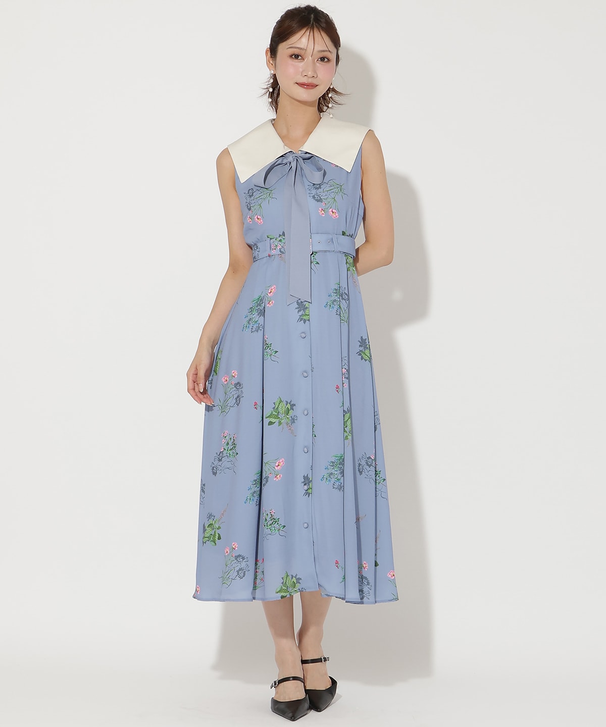 ドローイングフラワー配色襟ワンピース