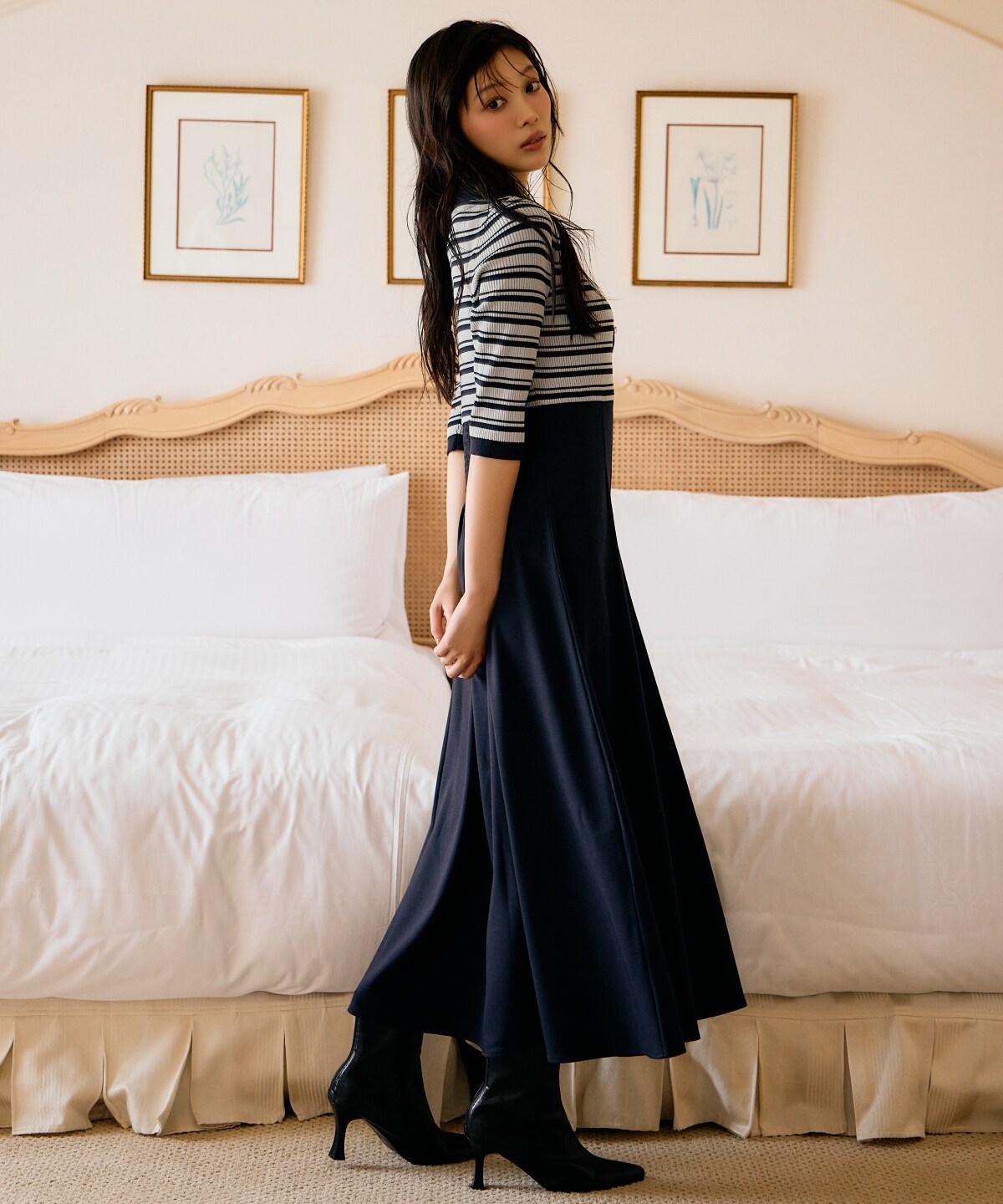 襟付きボーダードッキングワンピース