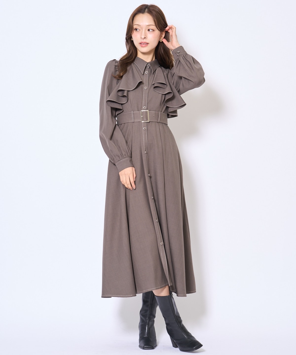 フリルケープシャツワンピース