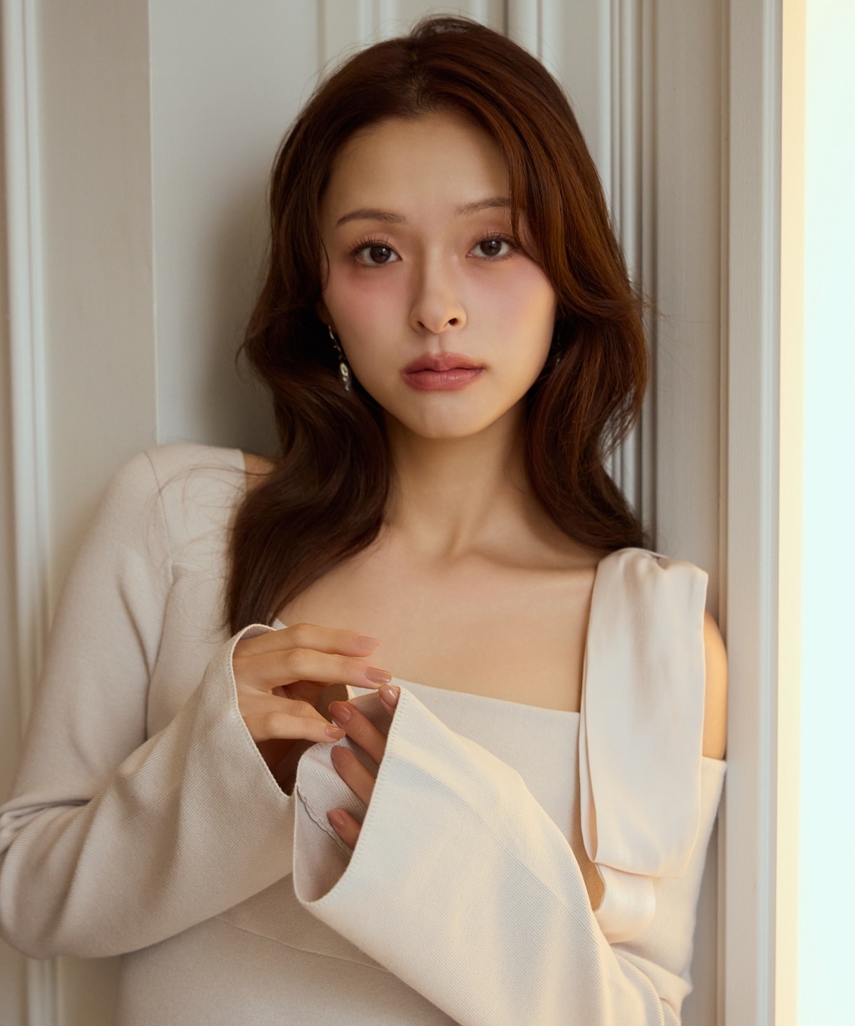 ショルダーリボンニットドッキングワンピース