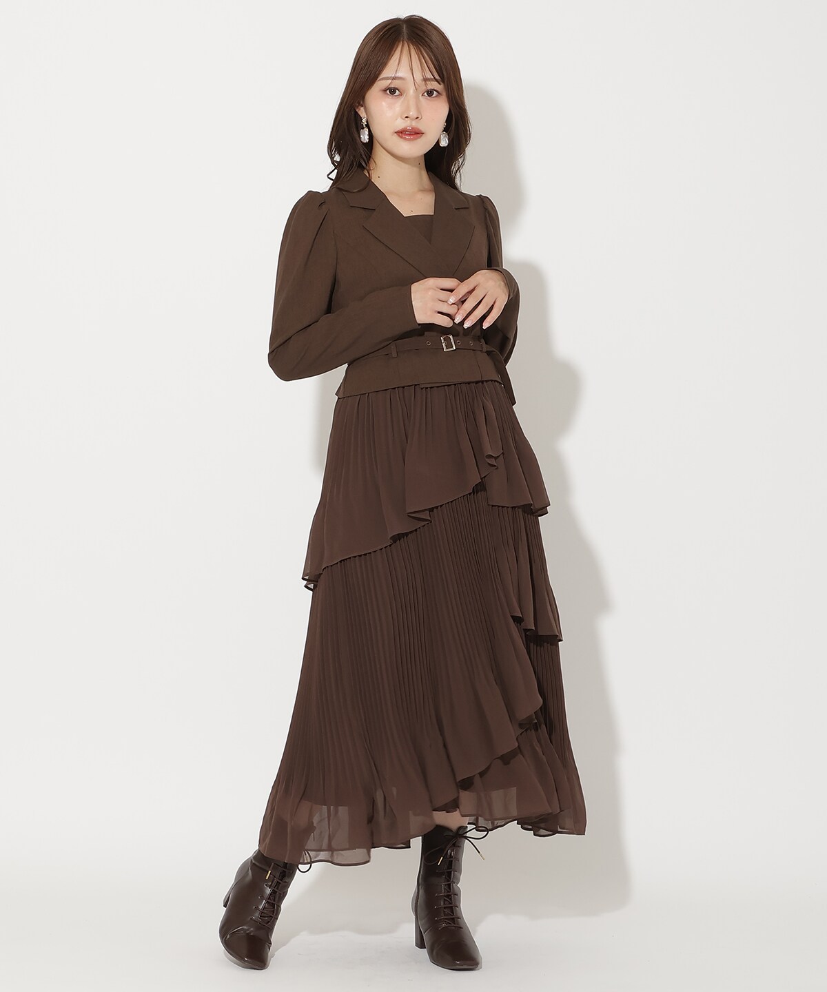 ジャケットレイヤードプリーツワンピース